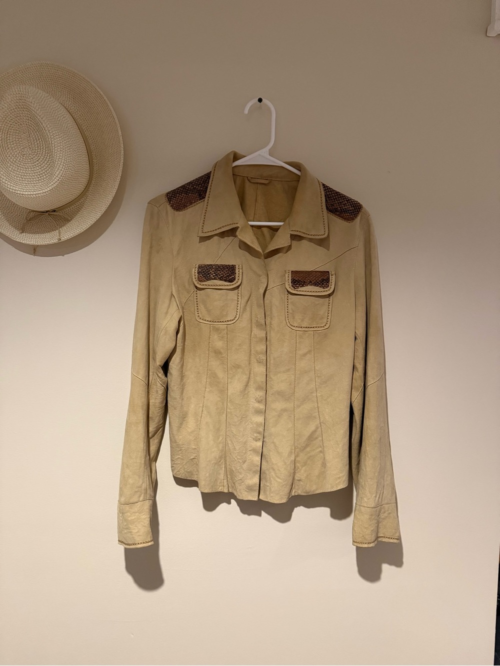 GIMO vintage Beige Women’s Lightweight Suede Jacket with Snakeskin Accents RARE